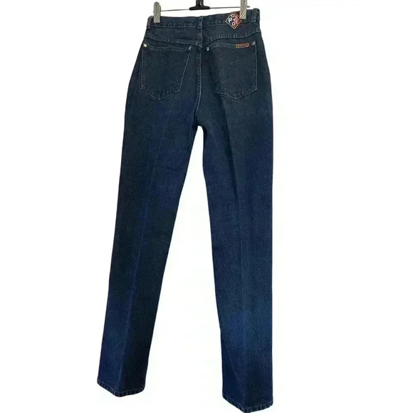 Posted Dark Blue Slim Straight Leg High Rise Jeans Sz 3/4 Waist 27 Wedge Pockets - Picture 1 of 11